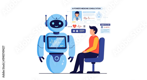 An AI-powered medical consultation robot assisting a patient with health data and automated diagnosis in a futuristic healthcare setting.