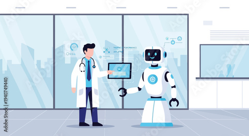 A doctor and a humanoid robot collaborate in a modern medical facility, showcasing artificial intelligence in healthcare technology.