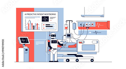A robot monitors a patient in a hospital room with AI-powered proactive patient monitoring displayed on a large screen, illustrating advanced healthcare technology.