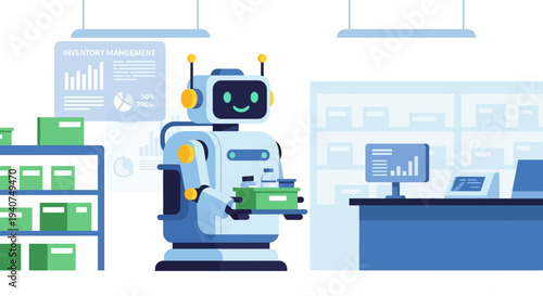A friendly blue and white robot holding a green box in a modern automated warehouse or office with data analytics displays.