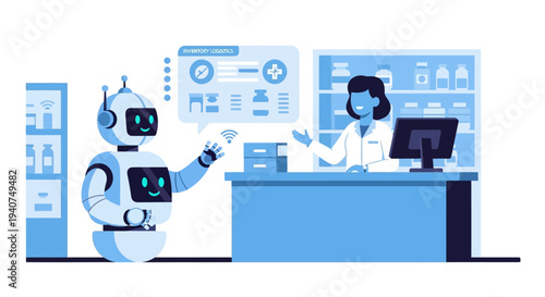 A friendly robot assisting a female pharmacist at a counter in a modern pharmacy, showcasing technological integration in healthcare.