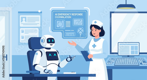 A nurse and an AI robot collaborate in a modern medical facility, discussing patient care and emergency response coordination on a futuristic display.