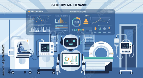 AI-powered predictive maintenance system for hospital medical equipment, featuring a robot and advanced monitoring dashboards.