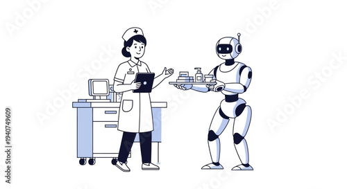 A nurse and a robot collaborate in a modern healthcare setting, showcasing the integration of technology in patient care.