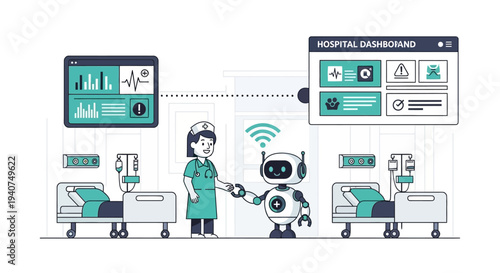 A nurse interacts with a robot in a hospital room, with digital dashboards displaying patient data and hospital management information.