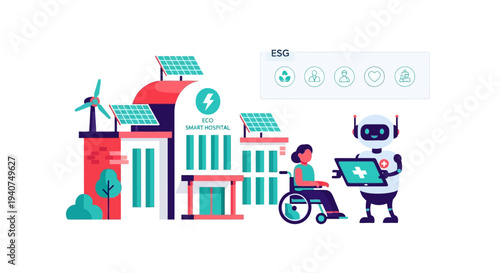 Illustration of a sustainable smart hospital with solar panels and wind turbine, featuring a robot assisting a patient in a wheelchair, representing ESG principles and modern healthcare technology.