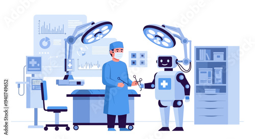 Surgeon and robot collaborating in a futuristic operating room with advanced medical technology and data displays.