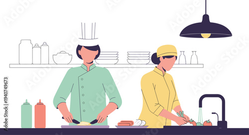 Two chefs are actively working in a professional kitchen, with one chopping vegetables and the other washing produce at a sink.