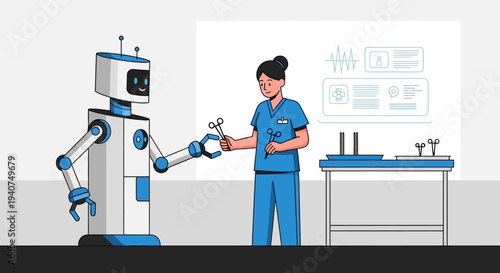 A robot assistant in blue and white handing a surgical tool to a medical professional in scrubs, illustrating technology in healthcare.