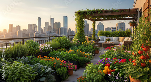 Rooftop garden with lush greenery and vibrant flowers overlooking a city skyline at sunset with a pergola and seating area.