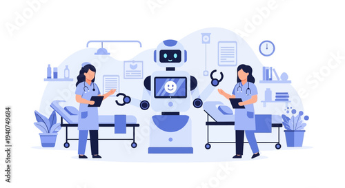 Two nurses and a medical robot in a hospital room, illustrating the integration of AI and automation in modern healthcare.