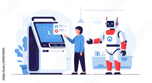 A person interacts with a modern self-service kiosk while a friendly humanoid robot stands nearby, illustrating automation and customer service technology.