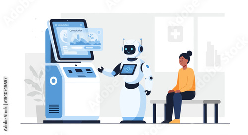 A humanoid robot assists a patient at a medical kiosk in a modern clinic waiting area.