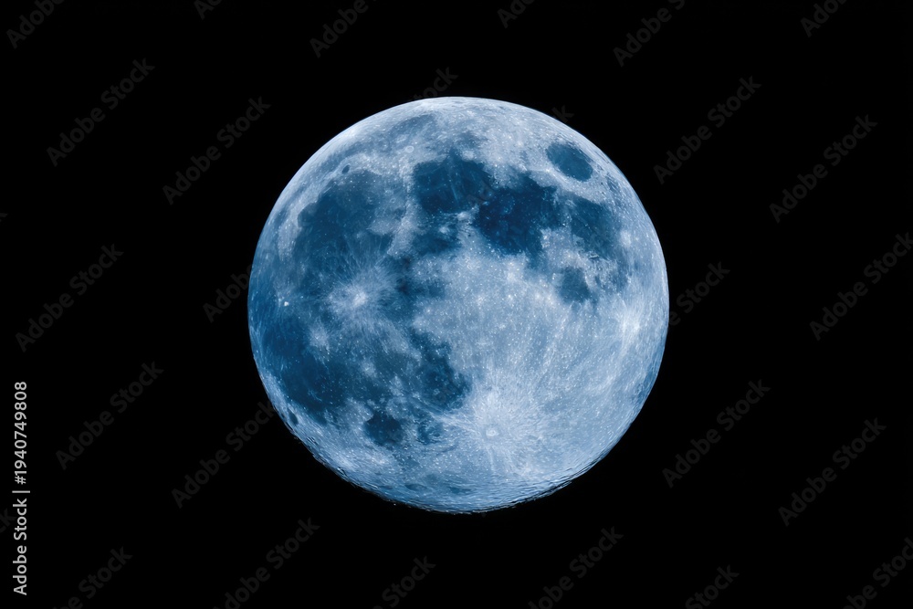 Fototapeta premium Stunning Blue Full Moon Illuminating the Dark Night Sky with Craters Visible.
