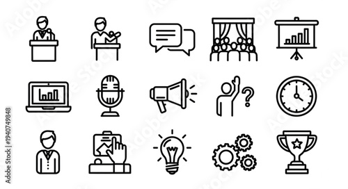 Collection of business and presentation icons in a simple line art style.
