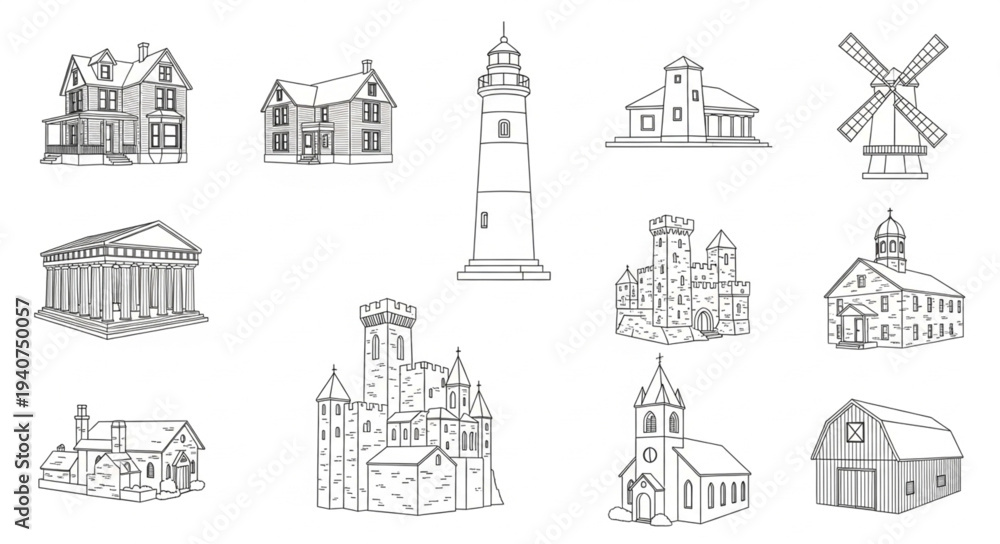 Obraz premium Collection of Hand Drawn Architectural Building Sketches.