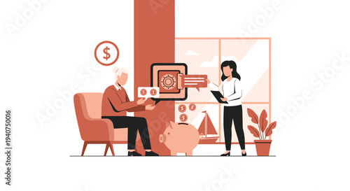 An older woman receives coins from a safe while a younger woman stands with a clipboard next to a piggy bank and a window.