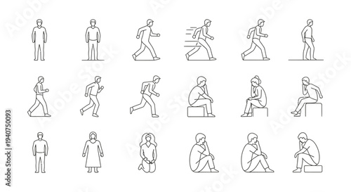 diverse human figures line icons illustrating people standing walking running and sitting in various postures for ui design.
