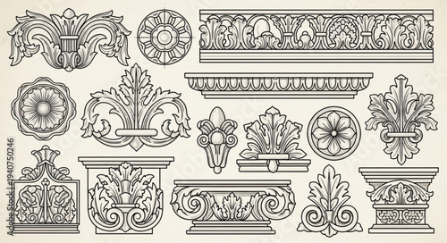 Collection of Ornate Architectural Decorative Elements and Borders.