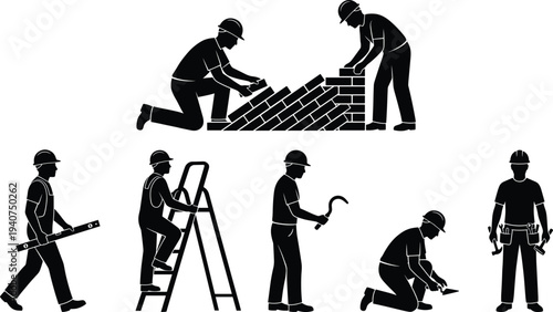 Black silhouettes of construction workers and bricklayers building a wall, professional industrial labor vector icons isolated on white background for masonry and building