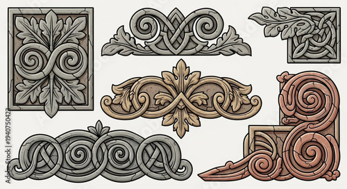 Collection of ornate decorative architectural elements and borders.