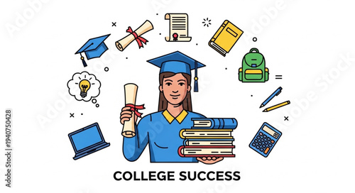 College Student Celebrating Academic Achievement with Graduation Symbols.