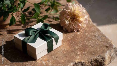 Cream Gift Box with Emerald Green Satin Ribbon Bow, Peach Dahlia Flower and Lush Green Foliage on Textured Stone Surface