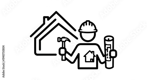 Construction worker with tools and house icon on chest.