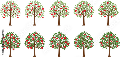 Collection of ten minimalist flat vector apple trees with red fruit and green leaves isolated on white background for autumn harvest design