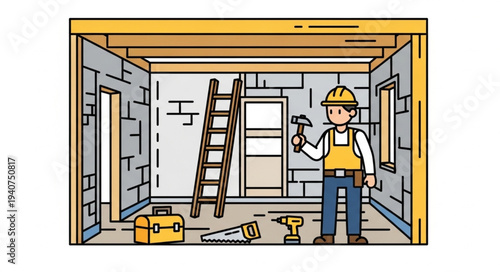 Construction worker holding hammer in unfinished building interior.