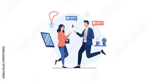 A man in a suit and a woman in a casual top are conversing with speech bubbles and profile icons floating around them on a light background.