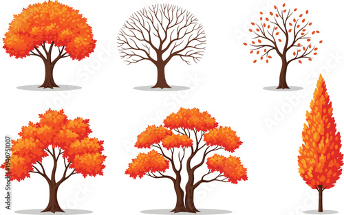 Flat vector collection of autumn orange trees and bare winter branches set isolated on white background for seasonal nature landscape design