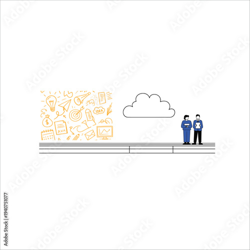 Two men in blue suits standing on a ledge with a cloud and in the background