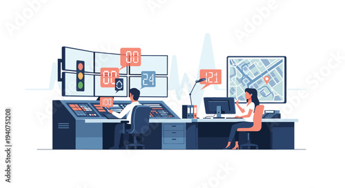 Two operators work at control consoles in a modern control room, monitoring multiple screens displaying data, traffic lights, and a city map.