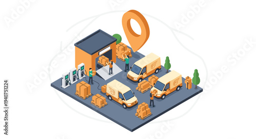 An isometric illustration depicts workers loading brown packages onto yellow delivery vans at a bustling logistics hub with charging stations.