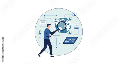 A man in a blue shirt holds a magnifying glass over a globe, surrounded by user icons and data visualizations.