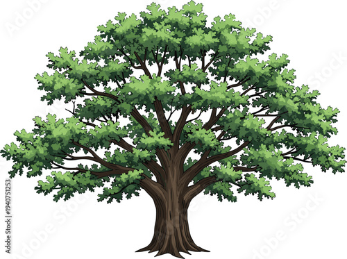 Large deciduous tree illustration with textured trunk spreading branches and lush green foliage for nature education and design