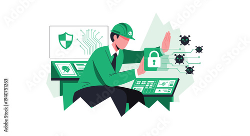 A male engineer in a green hard hat and suit is standing before control panels, blocking cyber threats with an outstretched hand.