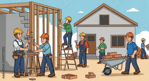 Construction workers building a house with tools and materials.