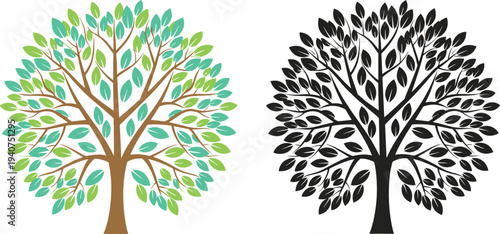 Minimalist Tree Icon Set Featuring Green Leafy Design and Black Silhouette Silhouette Isolated on White Background for Graphic Design