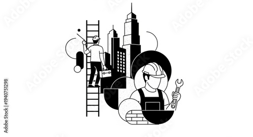 Construction workers building city skyline with tools and ladder.