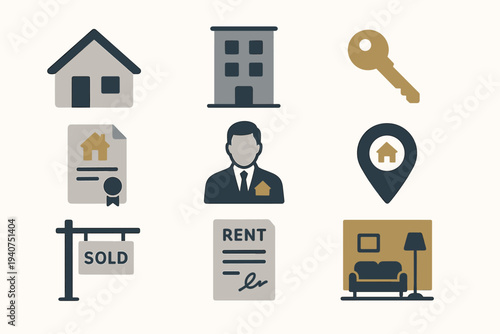 Real estate icons set for property buying, selling, and renting services