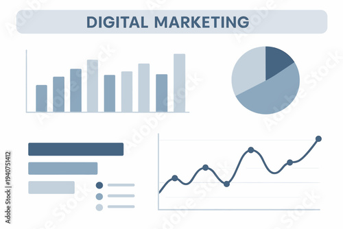 Digital marketing analytics dashboard with various charts and graphs for business insights