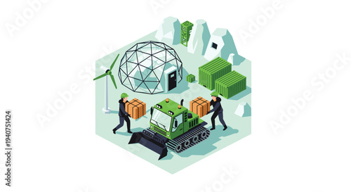 Two workers load boxes onto a green tracked vehicle near a geodesic dome, shipping containers, and a wind turbine in an icy landscape.