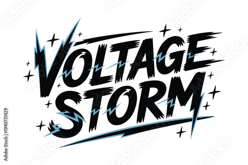 Voltage Storm text logo design with lightning bolts and stars, bold black and light blue typography vector illustration for branding, t-shirts, or posters