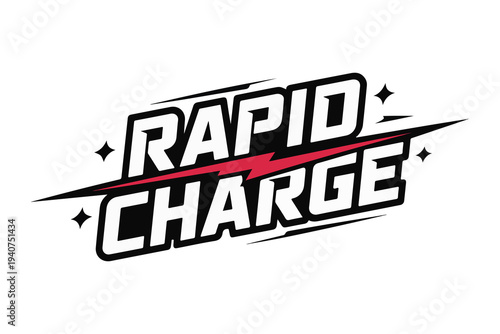 Rapid Charge text logo design with bold black and white lettering, red lightning bolt, and sparkle accents, ideal for technology, energy, or speed-related branding and marketing materials.