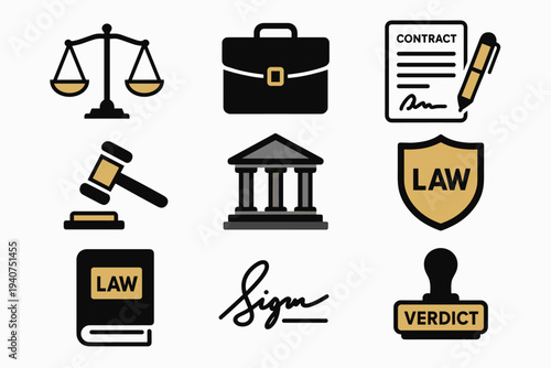 Collection of legal and justice icons representing law, court, and legal proceedings