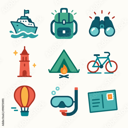 Collection of travel and adventure icons including a ship, backpack, binoculars, lighthouse, tent, bike, hot air balloon, snorkel, and postcard