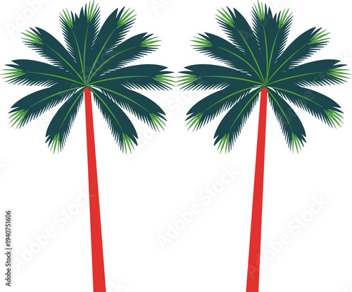 Two vibrant tropical palm trees with unique red trunks and lush dark green fronds isolated on a clean white background for minimalist summer design projects