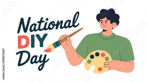 Cartoon artist holding paintbrush and palette celebrating national diy day with creative artwork and colorful design elements